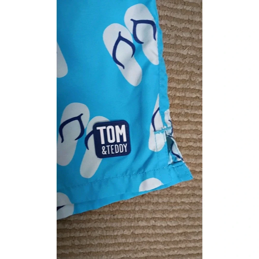 TOM & TEDDY men's flip flop print swim trunks shorts - Scuba Blue Sz M